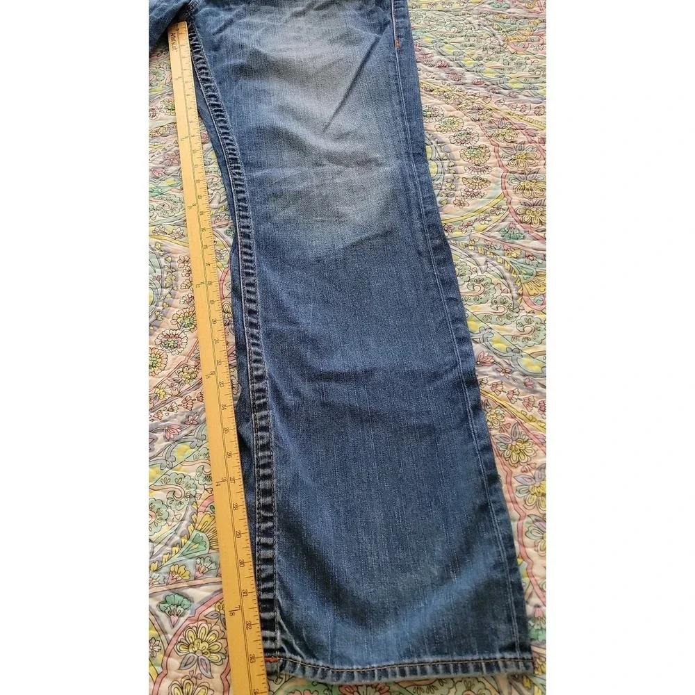 True Religion Mens Section Straight Blue Jeans Size 38 Pocket Flaps Whiskering